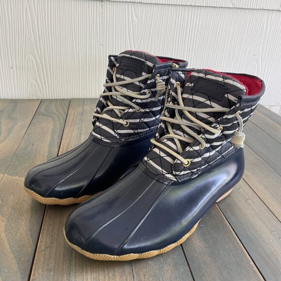 SPERRY Shoes - Sperry Saltwater Striped Quilted Duck Boots Navy Blue Side Zip Size 8 (I8)